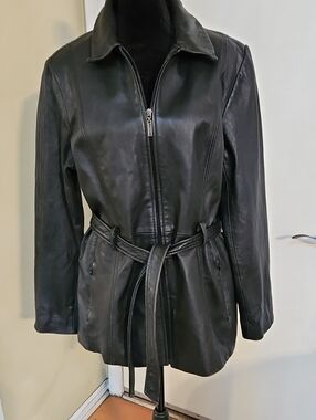 New York & Company Black Genuine Leather Belted Trench Coat Jacket Full Zip L